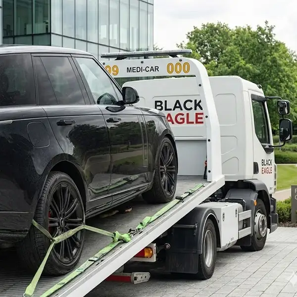 West London Recovery tilt and slide truck carefully loading a brand new Range Rover L460 from a dealership in Harrow, using low-angle ramps to protect the luxury SUV during recovery