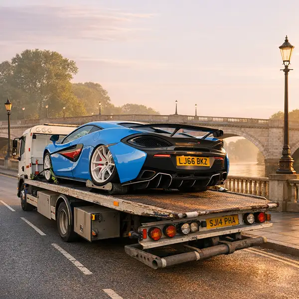 Blue McLaren supercar being transported from Chiswick area